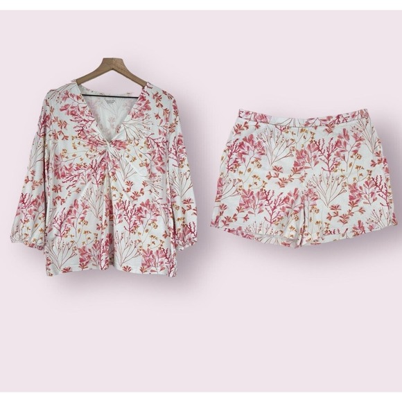 Garnet Hill 2 pc Pajama Set Shirt & Shorts Women Large Pink Floral Cotton Tencel - Picture 1 of 15
